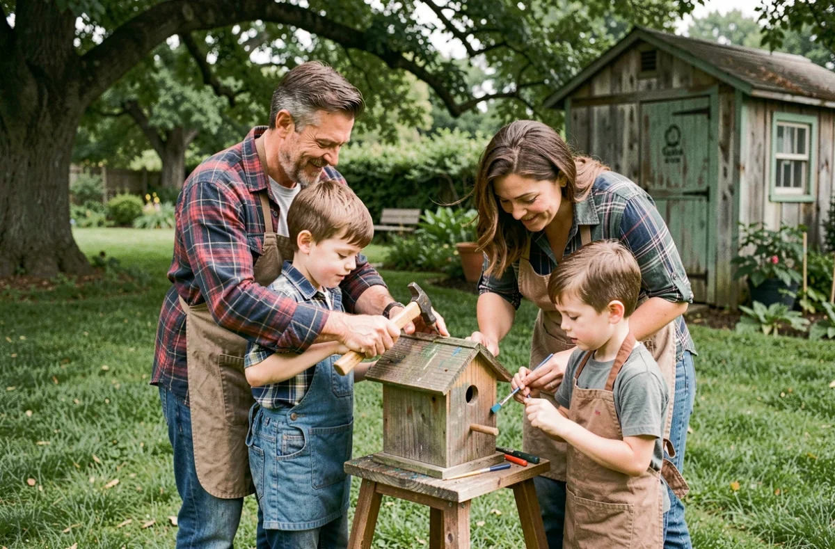 Parents et enfants construisant une cabane à oiseaux ensemble dans le jardin, activité familiale renforçant la complicité