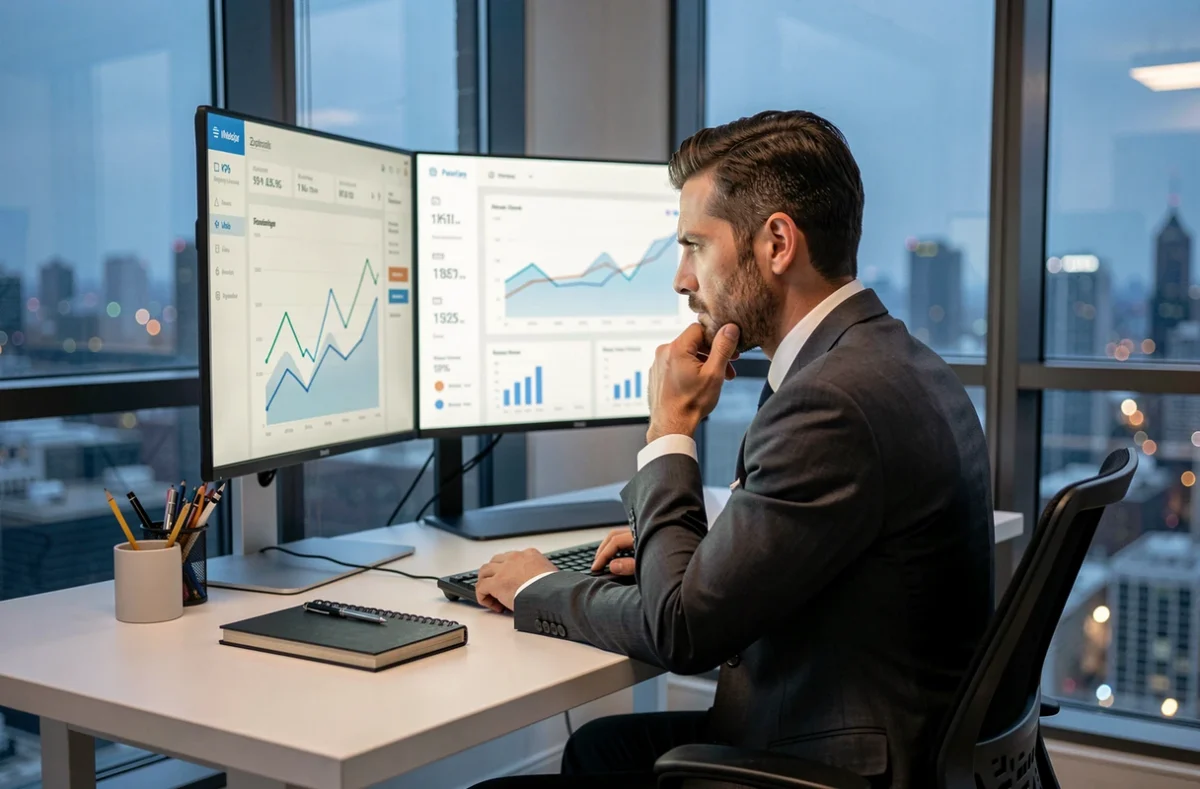 Homme d'affaires analysant des tableaux de bord de performance et indicateurs KPI sur double écran dans un bureau moderne