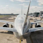 Avion commercial moderne sur le tarmac d'un aéroport international, vue en contre-plongée sur le fuselage et les ailes, illustrant les dernières innovations en aviation commerciale
