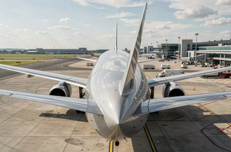 Avion commercial moderne sur le tarmac d'un aéroport international, vue en contre-plongée sur le fuselage et les ailes, illustrant les dernières innovations en aviation commerciale