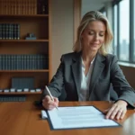 Avocate d'affaires analysant un contrat juridique dans un bureau moderne avec bibliothèque et vue sur la ville