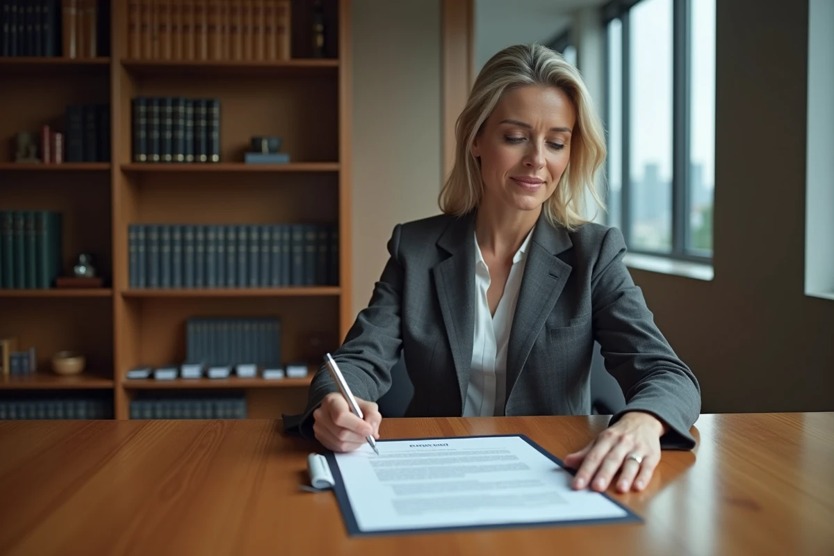 Avocate d'affaires analysant un contrat juridique dans un bureau moderne avec bibliothèque et vue sur la ville