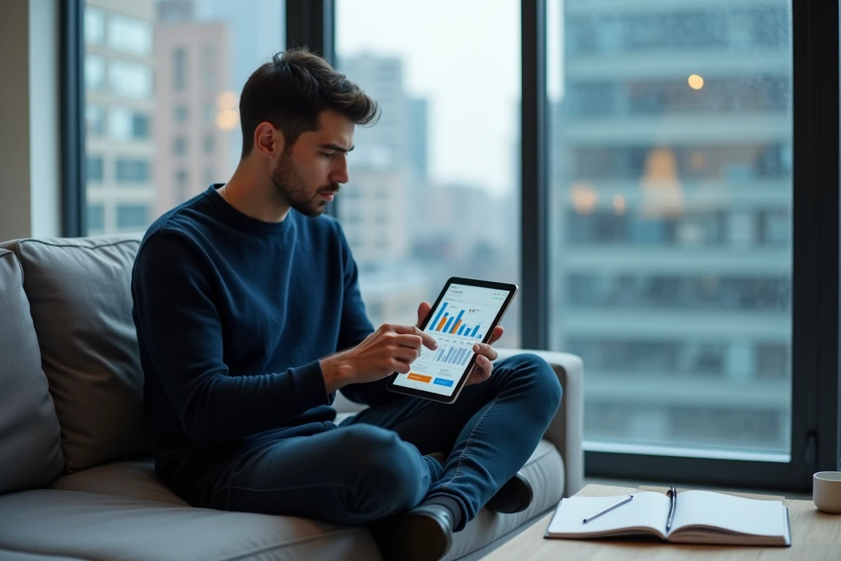 Homme consultant des statistiques de blog sur tablette dans un appartement moderne avec vue urbaine