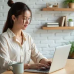 Jeune femme blogueuse travaillant sur son ordinateur portable dans un bureau minimaliste et inspirant