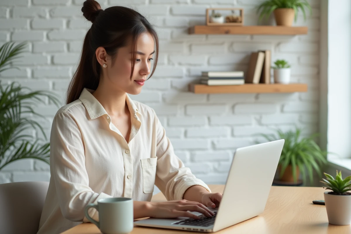 Jeune femme blogueuse travaillant sur son ordinateur portable dans un bureau minimaliste et inspirant