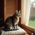 Chat tigré adulte assis sur un rebord de fenêtre en bois, regardant par la fenêtre avec des yeux ambrés expressifs