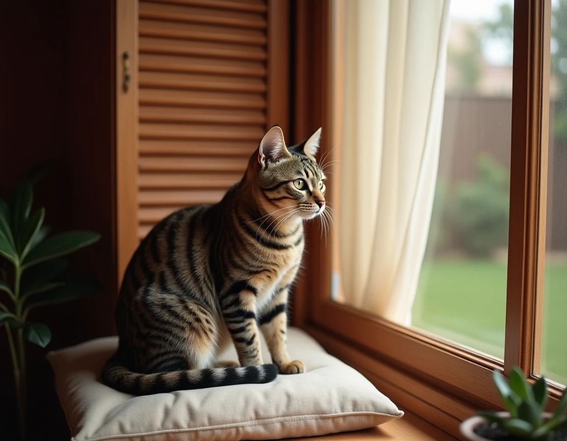 Chat tigré adulte assis sur un rebord de fenêtre en bois, regardant par la fenêtre avec des yeux ambrés expressifs