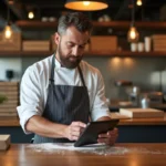 Chef pizza en cuisine professionnelle avec tablette