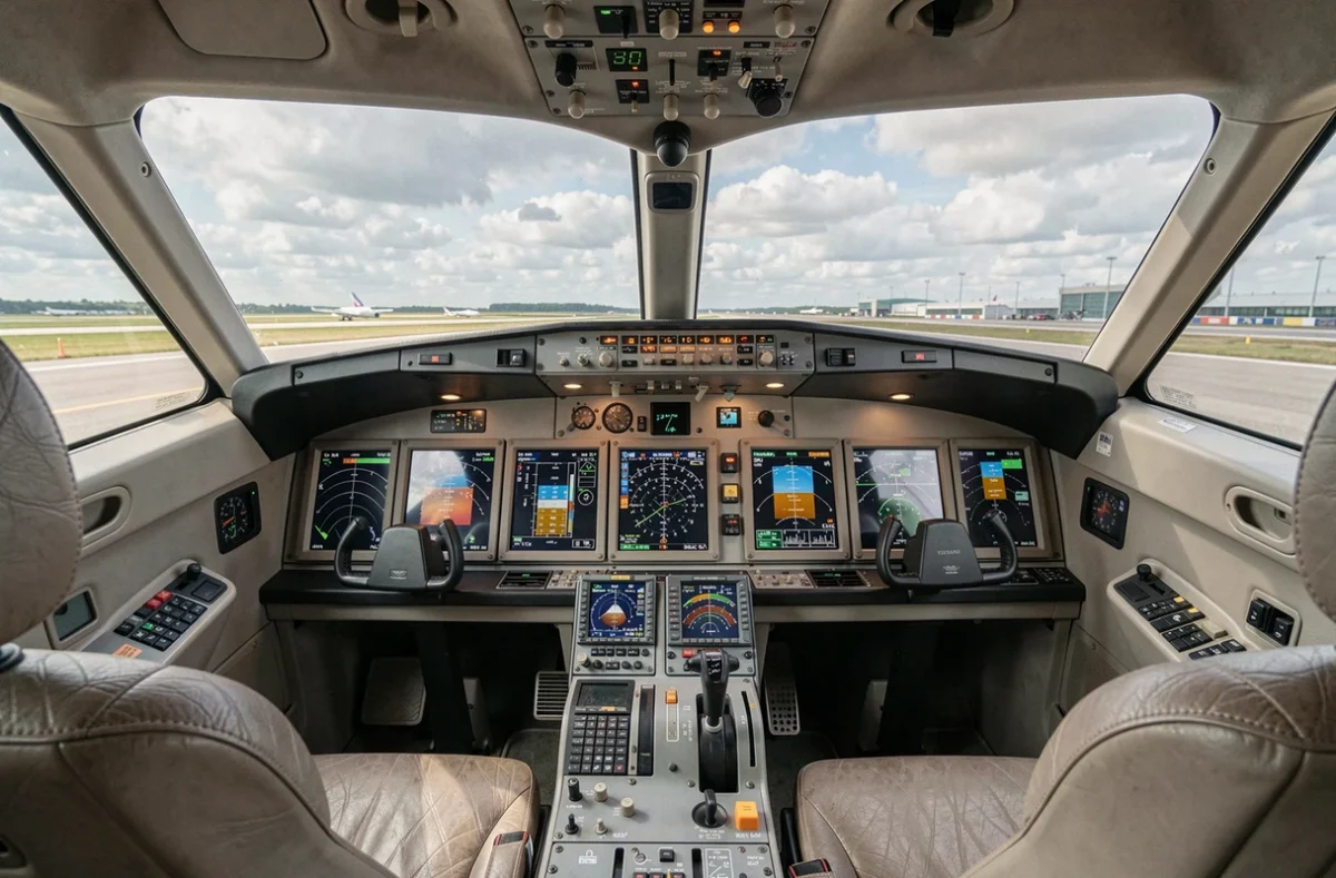 Cockpit ultramoderne d'un avion de nouvelle génération avec écrans tactiles avioniques avancés et vue sur la piste, représentant les dernières innovations technologiques dans l'aviation
