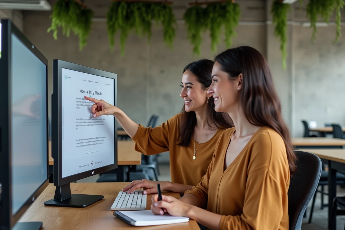 Deux femmes collaborant sur la refonte d'un site web dans un espace de coworking créatif et moderne