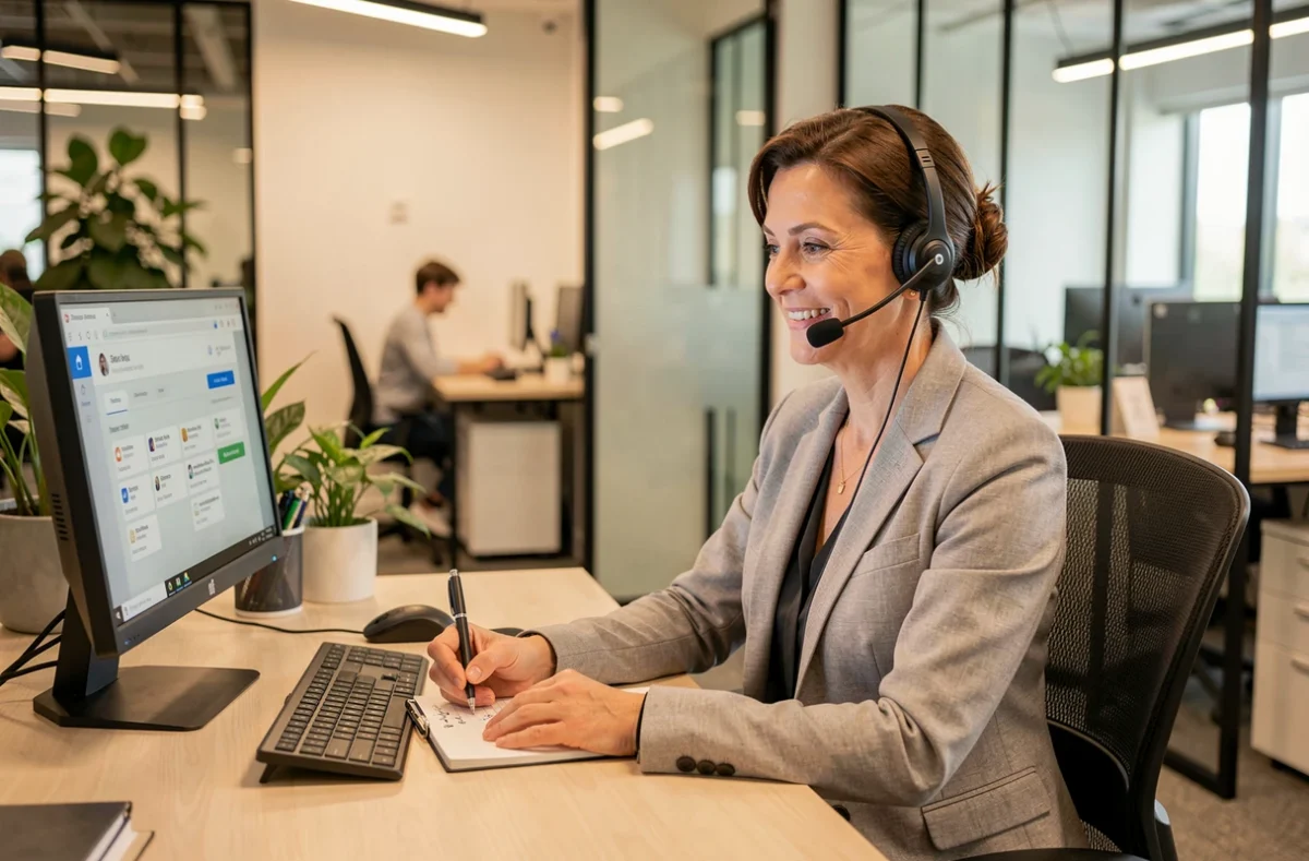Conseillère du service client souriante avec casque téléphonique dans un bureau professionnel moderne répondant aux questions des clients