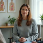 Femme d'âge moyen lors d'une consultation médicale, exprimant une inquiétude liée à la somatopathie