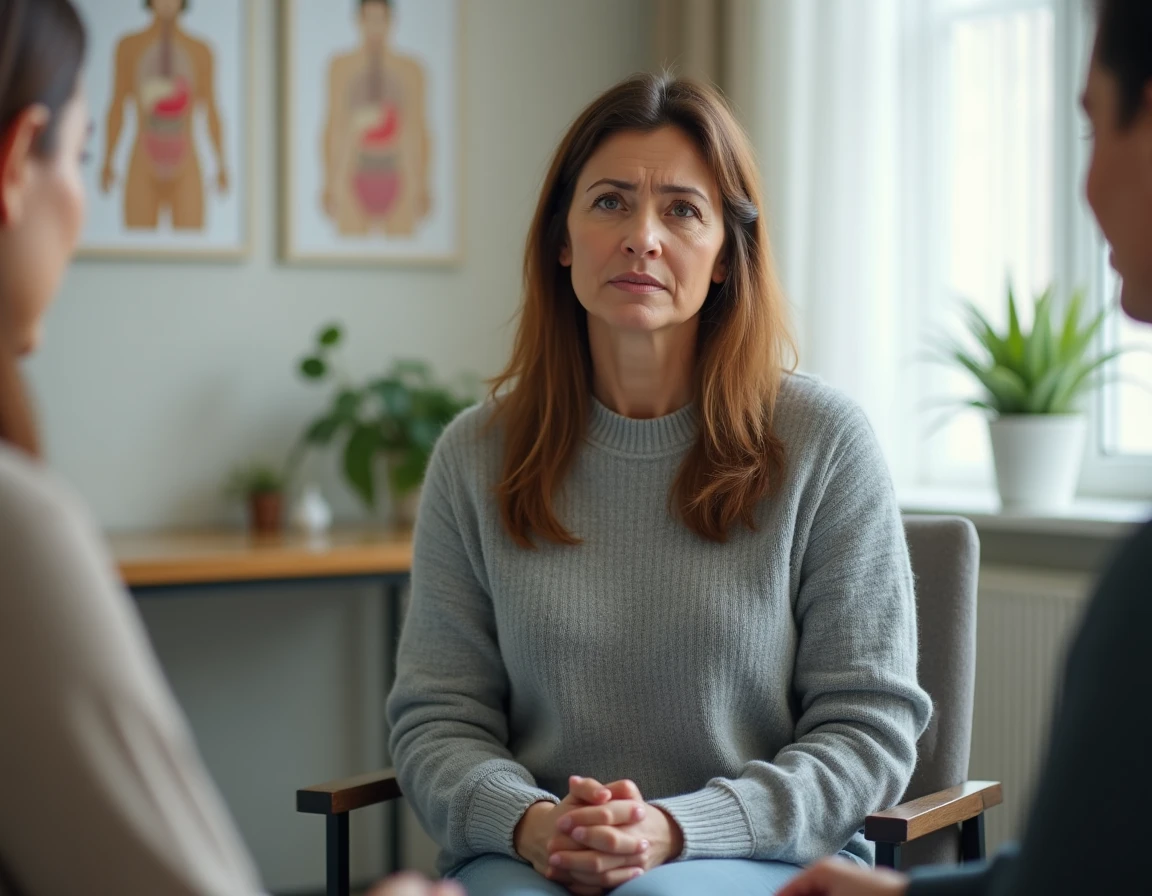 Femme d'âge moyen lors d'une consultation médicale, exprimant une inquiétude liée à la somatopathie