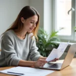 Femme consultant un plan de site imprimé devant son ordinateur portable dans un bureau moderne