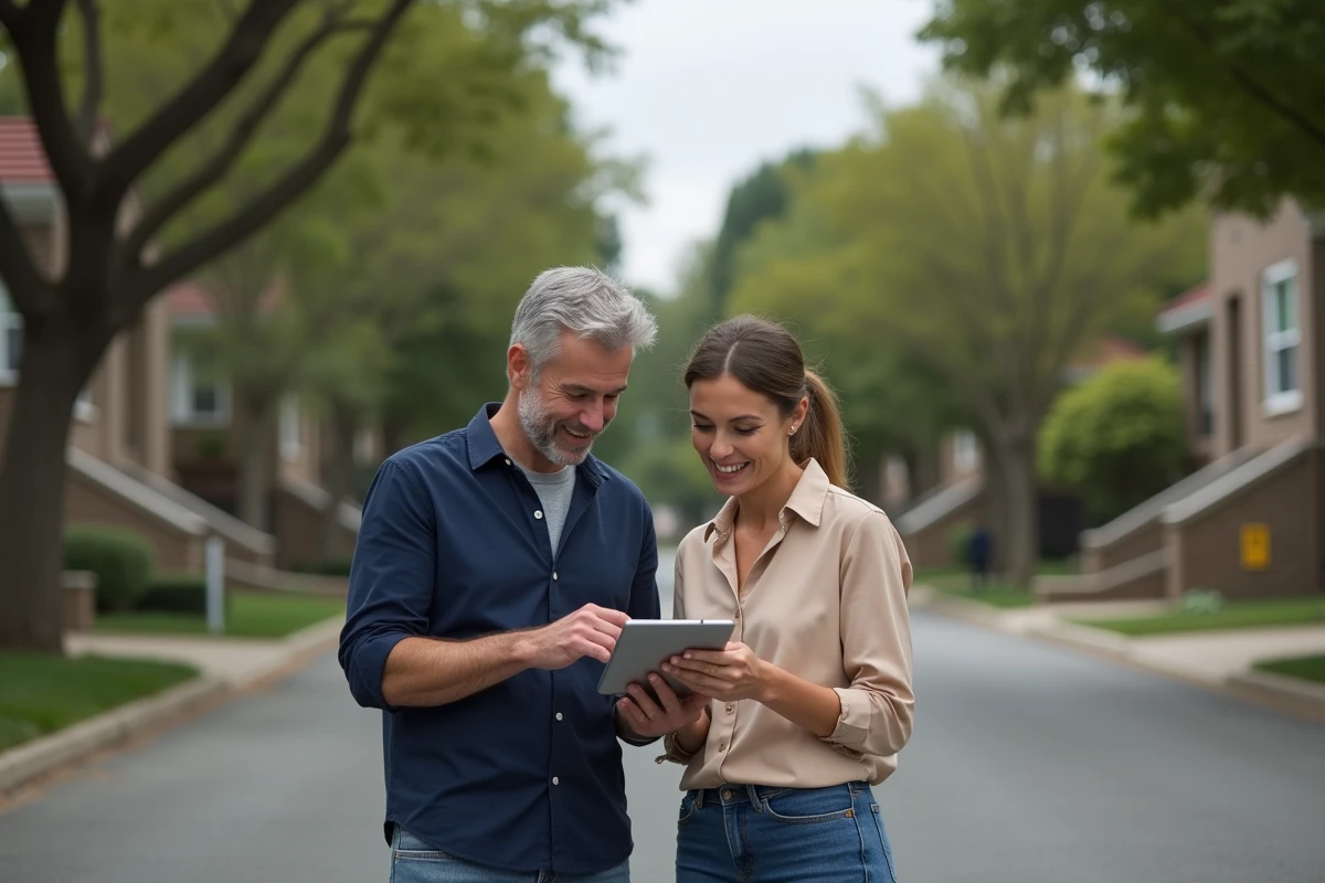 Couple consultant un radar immobilier sur tablette devant des maisons dans un quartier résidentiel
