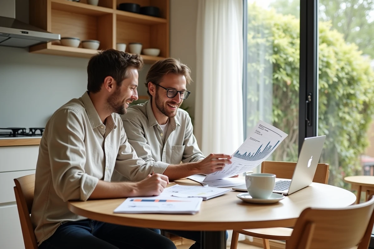 Couple étudiant des graphiques du marché immobilier sur ordinateur portable dans une cuisine moderne de style scandinave