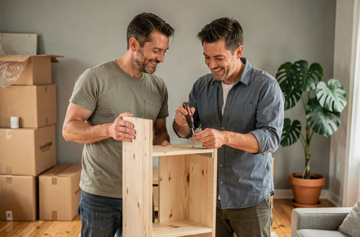 Couple assemblant ensemble une étagère en bois dans un salon en cours d'aménagement