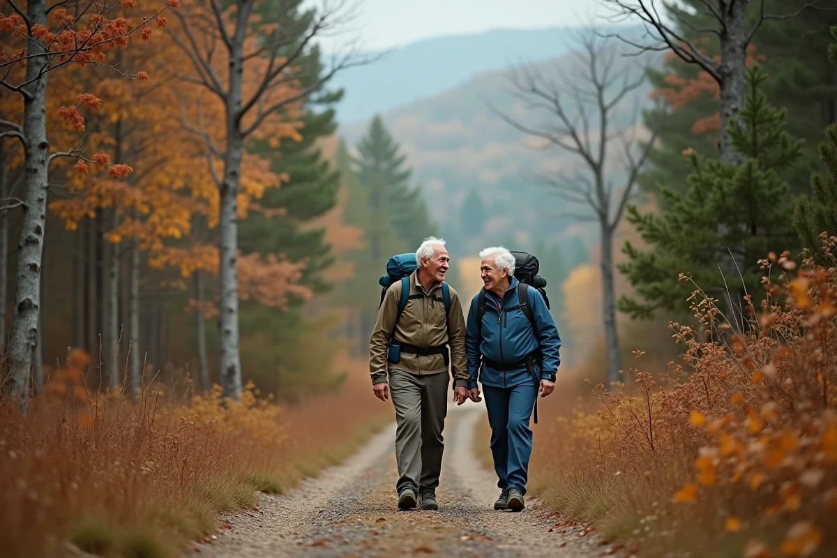 Couple de retraités actifs randonnant ensemble en forêt en automne, illustrant une retraite épanouie