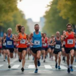 Groupe de coureurs à la ligne d'arrivée d'un semi-marathon urbain