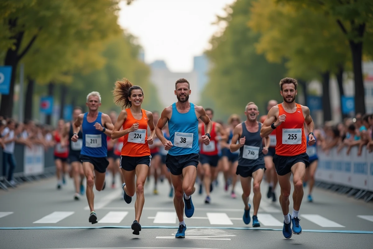 Groupe de coureurs à la ligne d'arrivée d'un semi-marathon urbain