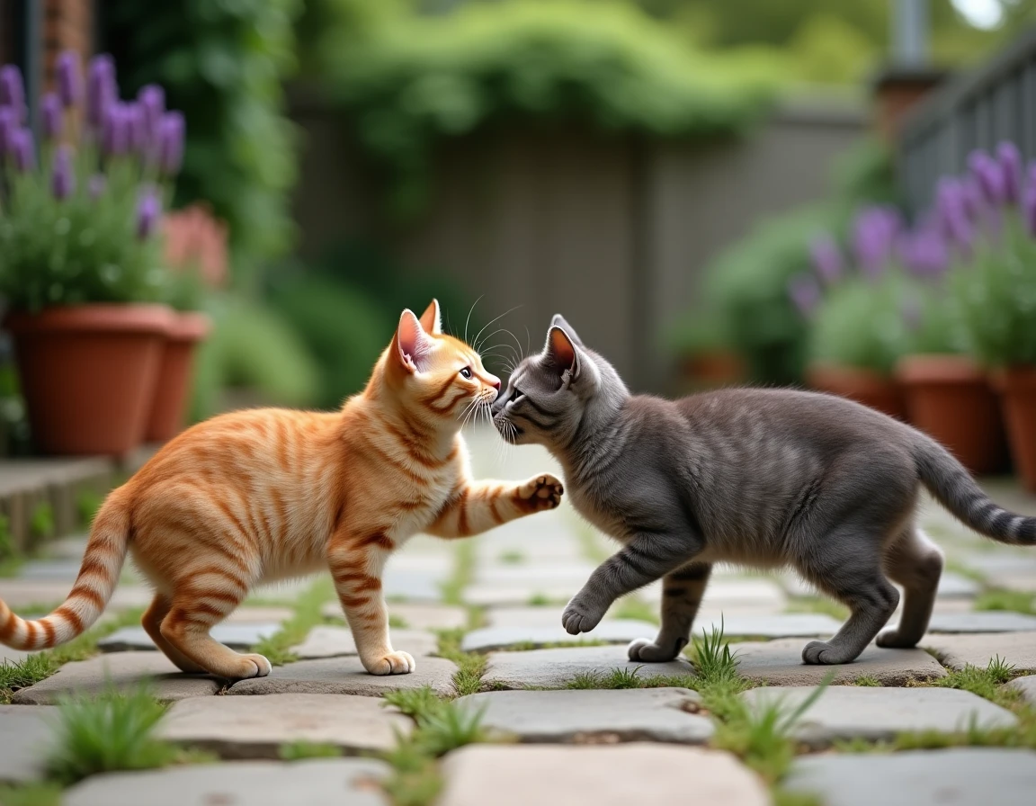 Deux chats adultes, l'un orange et l'autre gris, jouant ensemble sur une terrasse en pierre entourée de végétation de jardin