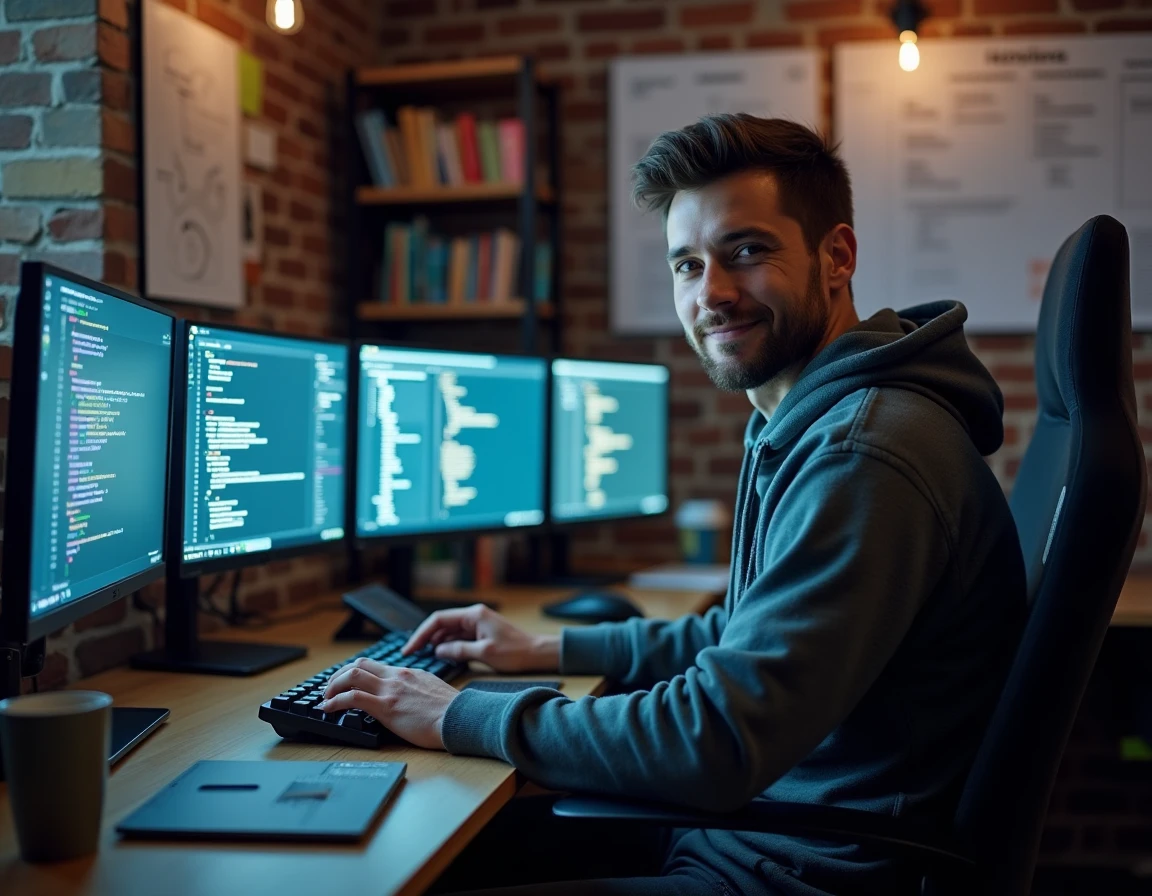 Développeur informatique concentré sur son poste de travail multi-écrans dans un bureau de startup, représentant l'impact de la digitalisation sur les métiers et les processus d'entreprise