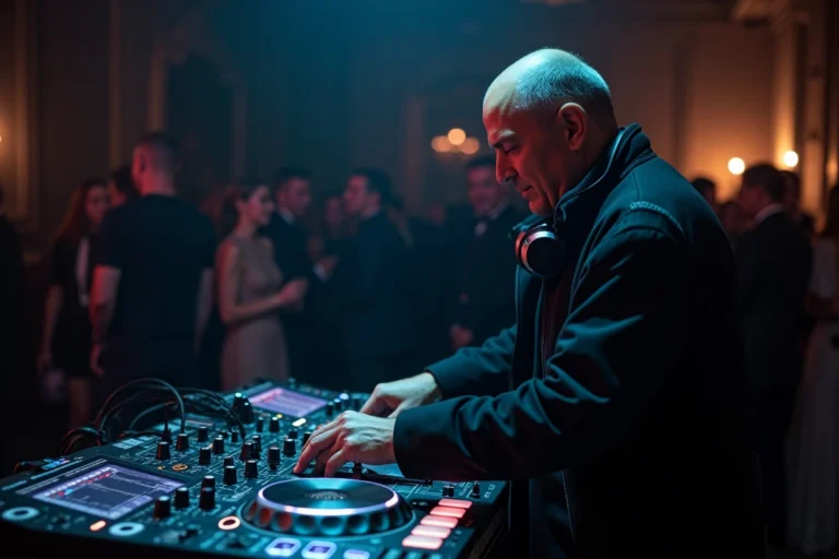 DJ professionnel derrière une console Pioneer lors d'une soirée privée haut de gamme