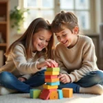 Jeunes enfants construisant une tour en blocs en intérieur