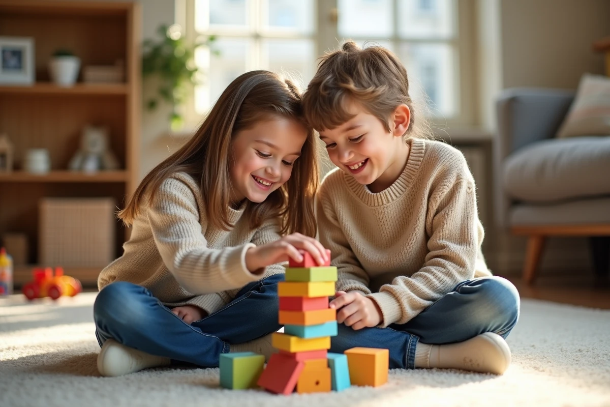 Jeunes enfants construisant une tour en blocs en intérieur