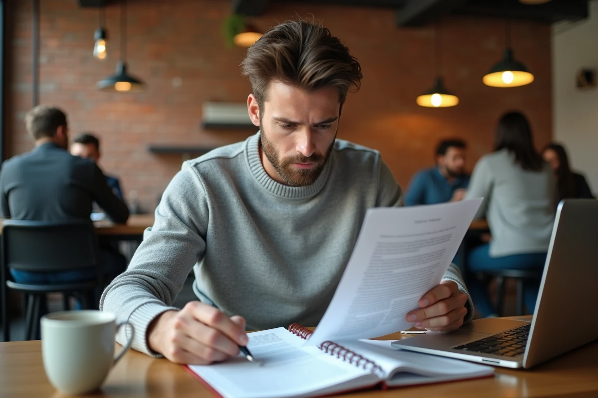 Jeune entrepreneur lisant attentivement les clauses d'un contrat dans un espace de coworking