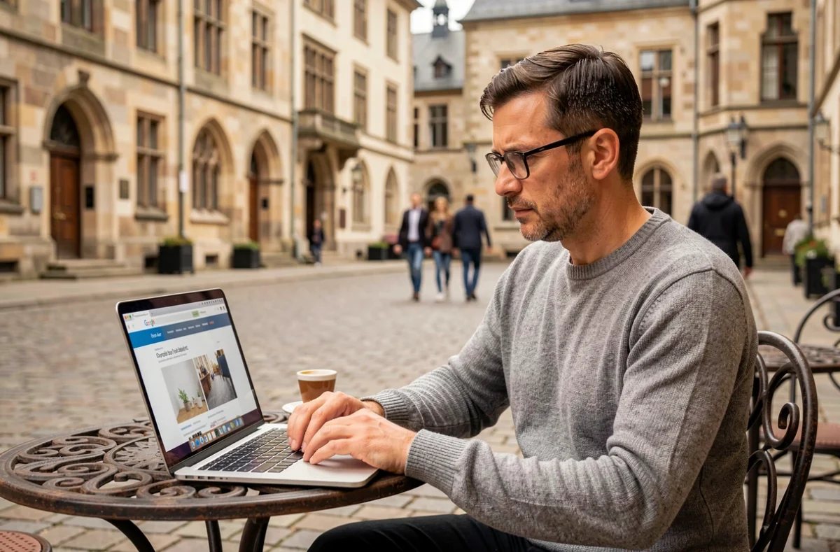 Entrepreneur travaillant sur sa stratégie de marketing digital en terrasse dans le centre historique de Luxembourg-Ville
