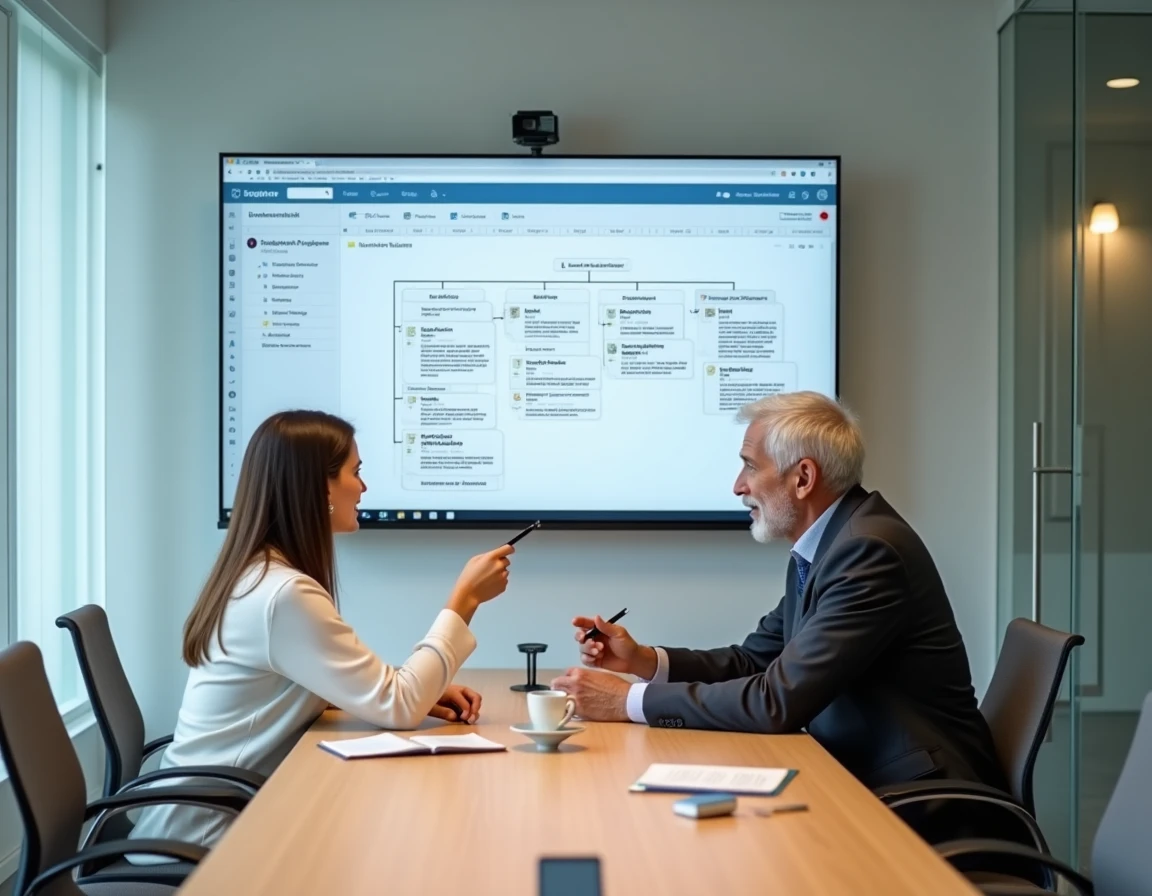 Deux professionnels analysant ensemble un plan de site affiché sur un grand écran en salle de réunion