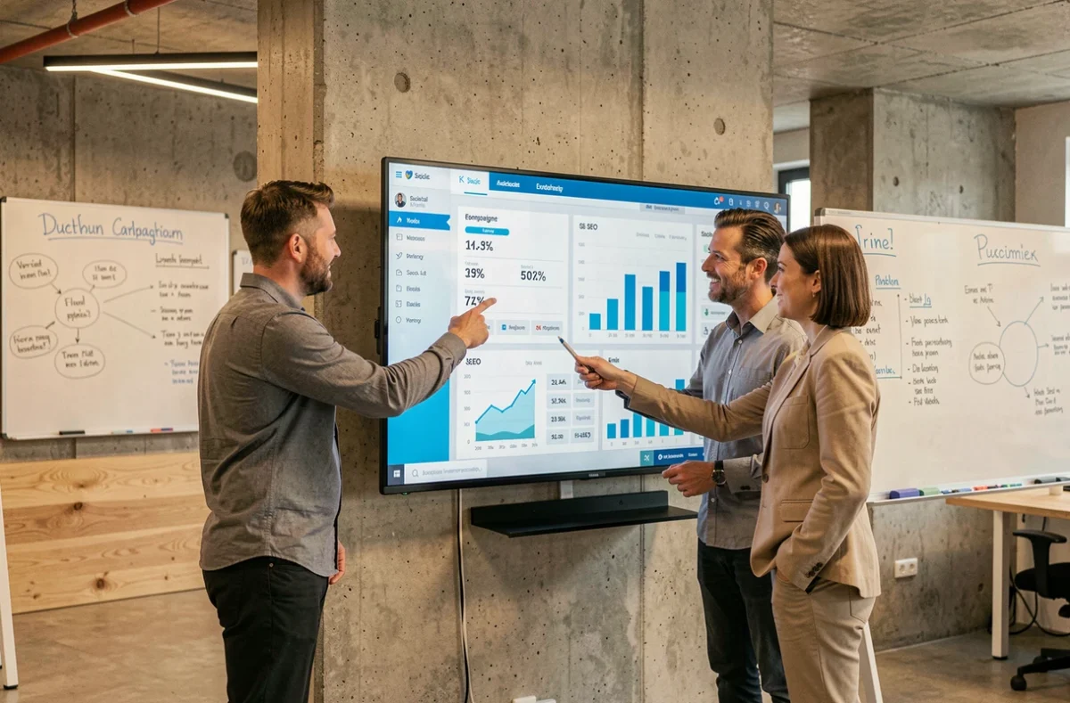 Équipe de marketing digital collaborant sur une campagne en ligne dans un espace de coworking au Luxembourg
