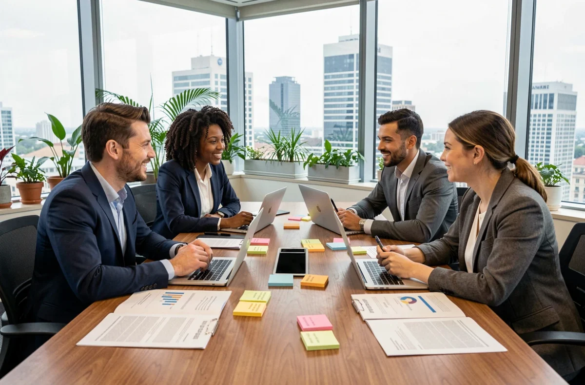 Équipe de professionnels en réunion collaborative autour d'une table de conférence avec rapports et ordinateurs portables