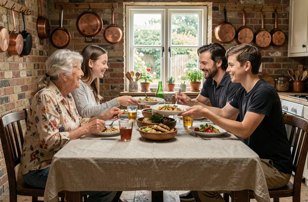 Famille multigénérationnelle partageant un repas convivial autour d'une table en bois rustique dans une cuisine chaleureuse