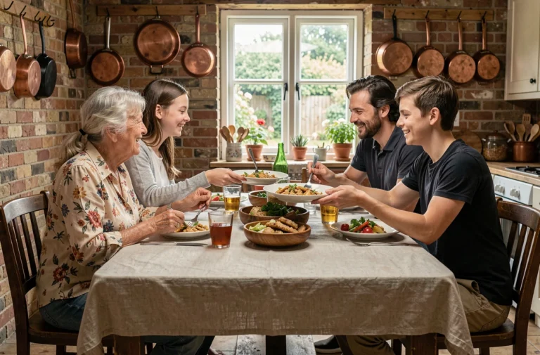 Famille multigénérationnelle partageant un repas convivial autour d'une table en bois rustique dans une cuisine chaleureuse
