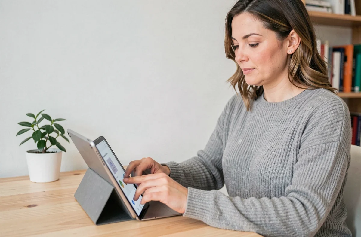 Femme utilisant une application de santé sur tablette dans un bureau minimaliste pour un bien-être optimal
