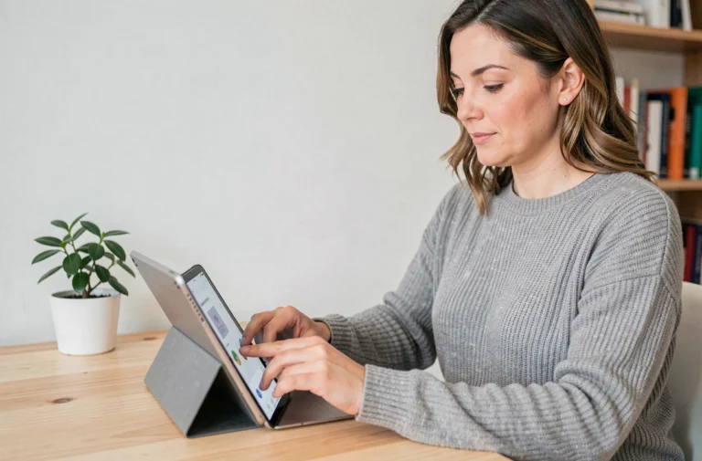 Femme utilisant une application de santé sur tablette dans un bureau minimaliste pour un bien-être optimal