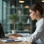 Femme concentrée au bureau avec ordinateur et documents