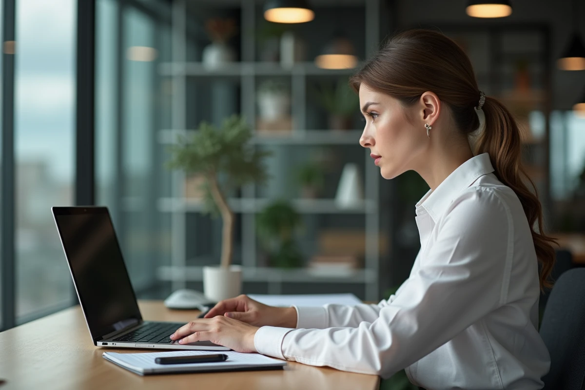 Femme concentrée au bureau avec ordinateur et documents