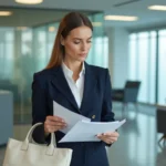 Femme cadre en entreprise tenant un tote bag isotoner lors d'une réunion professionnelle dans un bureau moderne