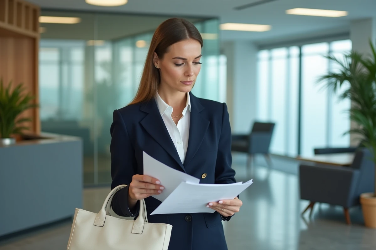 Femme cadre en entreprise tenant un tote bag isotoner lors d'une réunion professionnelle dans un bureau moderne