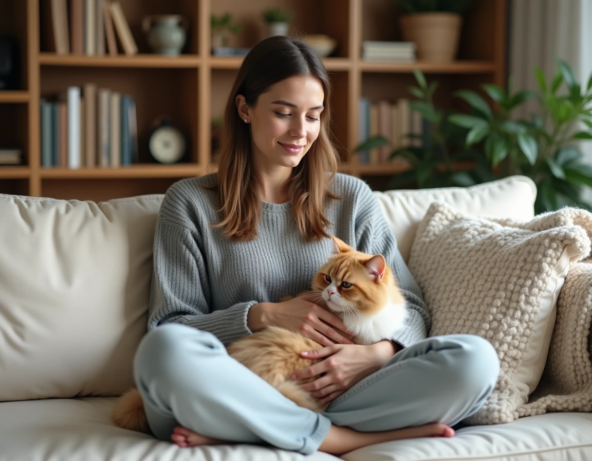 Jeune femme caressant affectueusement un chat persan blanc et duveteux sur ses genoux dans un salon cosy