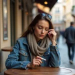 Femme en denim et foulard fumant en extérieur en Espagne