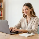 Femme tapant un email de contact sur son ordinateur portable dans un bureau à domicile moderne et épuré
