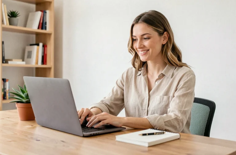 Femme tapant un email de contact sur son ordinateur portable dans un bureau à domicile moderne et épuré