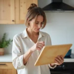 Femme d'âge moyen inspectant une planche en plastique usée dans la cuisine
