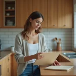 Femme inspectant un plastique usé dans sa cuisine