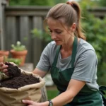 Femme examinant la texture d'un terreau usagé dans son jardin, avec une expression dubitative