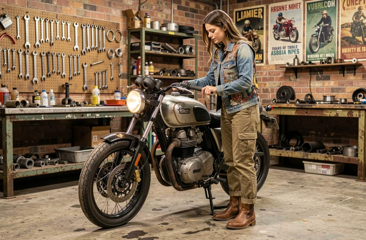 Femme passionnée de moto examinant un scrambler vintage dans un garage atelier urbain avec outils et décor industriel